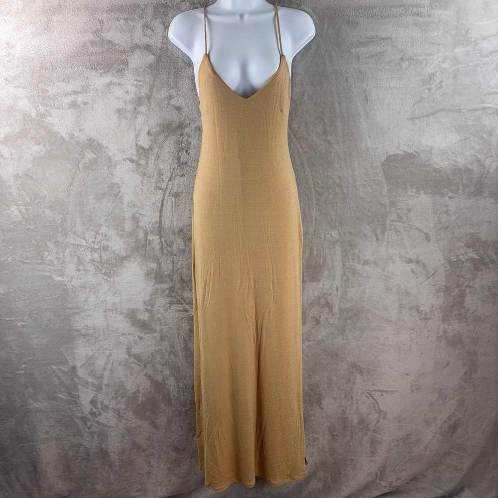 Revolve NBD Slip Maxi Dress Womens Size XS Gold Spaghetti Strap Bodycon‎